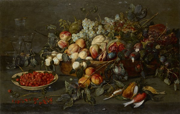 Still Life with Strawberries, Fruits and Dead Birds, oil on panel, transferred to canvas, 67 x 105 cm, unmarked, Samuel Hofmann, (zugeschrieben / attributed to), Sax/St. Gallen um 1595–1649 Frankfurt a. M.