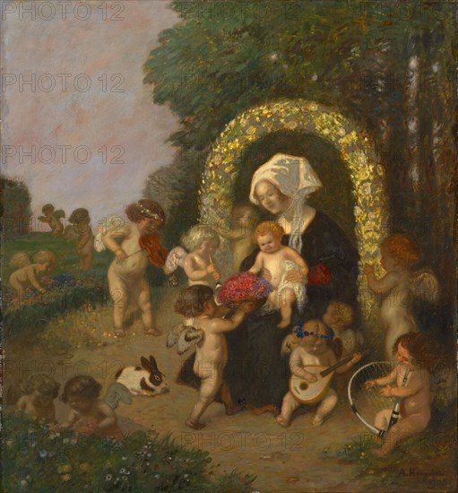 Madonna and Child in a Flower Wreath, 1905, oil on canvas, 67.5 x 62 cm, signed and dated lower right: A. Hengeler, 1905, Adolf Hengeler, Kempten 1863–1927 München