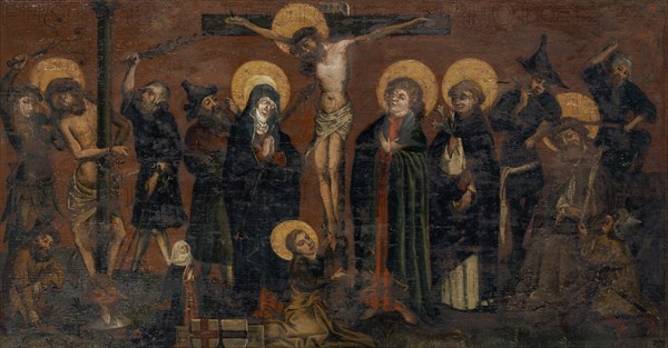 Flagellation, crucifixion and thorn crowning with Maria, Johannes, the hll., Maria Magdalena, Longinus and Vincent Ferrer and a donor, c. 1440, mixed wood technique on coniferous wood, 83 x 155 cm, unmarked, Deutscher Meister, 15. Jh.