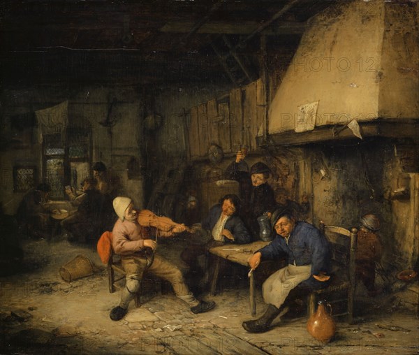 Violin player and drinking farmers in a tavern, 1663, oil on oak wood, 42.4 x 49.3 cm, Signed and dated on the stone lower left: Av Ostade 1663 (the v is not very clear), Adriaen van Ostade, Haarlem 1610–1685 Haarlem