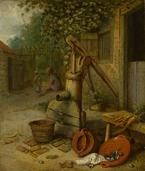 Courtyard of a farmhouse with pump wells, c. 1665/75, oil on oak, 26.7 x 22.8 cm, signed on the pump handle: A. V. Ostade, Adriaen van Ostade, Haarlem 1610–1685 Haarlem