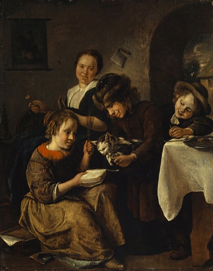 Children teach a cat to read, c. 1665-1668, oil on oak, 45 x 35.5 cm, signed lower right on the table frame: JSteen [JS ligated], Jan Steen, Leiden 1626–1679 Leiden