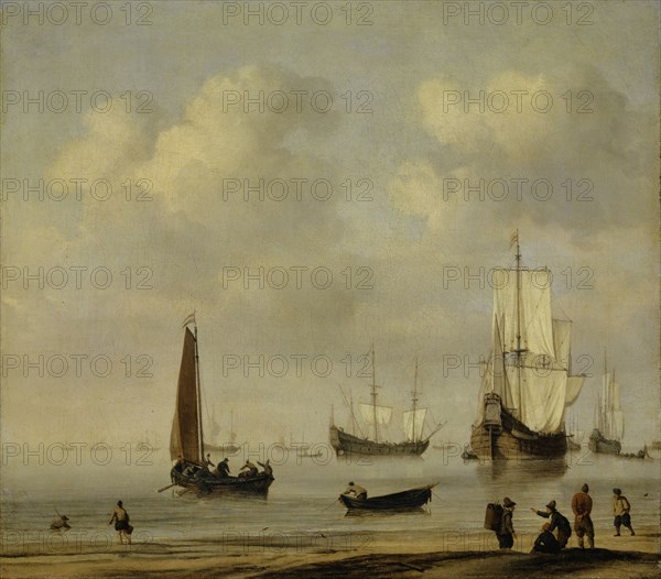 Engulfed Tugs and Fishing Boats in Calm, around 1655/65, oil on canvas, 33.5 x 38 cm, monogrammed on driftwood in foreground: W V V, Willem van de Velde d. J., Leiden 1633–1707 London