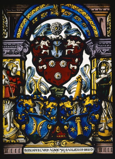 Blazon of librarians Iselin, Coccius and Pantaleon of the University of Basel, 1564, stained glass, 41.5 x 30.2 cm |, 30.2 x 41.5 x 2 cm, unsigned, but dated., On the base strip: BIBLIOTECARII • ACADEMY • BASILISIS • D (o) NO • D [ederunt] • • 1 • 5 • 6 • 4 •, in the coats of arms of the coats of arms: HVLDRICVS ISELIN IVRE CONSVLTVS, HVLDRICVS COCCIVS THEOLOGVS, HEINRICVS PANTALEON MEDICVS, the female figure on the left indicates: TEMPORA ANT • [Temporantia], Hans Jörg Riecher, Basel 1538 –1614 Basel