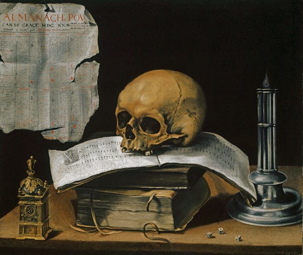 Vanitas Still Life with Skull, 1630, oil on canvas, 50.3 x 59.7 cm, unsigned, but probably hidden in the title of the almanac: ALMANACH, POV [R] L'AN DE GRACE M.DC.XXX., Dedié au tres Chretiens LOVYS XIII., Roy de France, Sebastian Stoskopff, Strassburg 1597–1657 Idstein