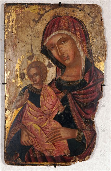 Lady of the Virgin (Madre della Consolazione), tempera on panel, 30.5 x 19 cm, unsigned., Upper left the abbreviation: MP, above a dash [Maria], Kretischer oder Venezianischer Meister, 16. Jh.