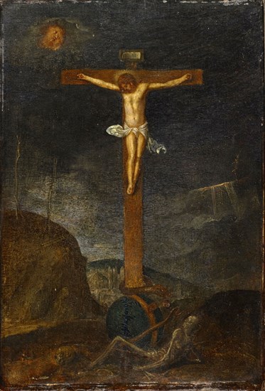 Crucifixion of Christ with Allegorical Accompaniment for the Redemption of the Human Race, 17th cent. (?), Mixed media on paper, mounted on oak wood, 36 x 24.4 cm, unmarked, Deutscher Meister, 17. Jh.