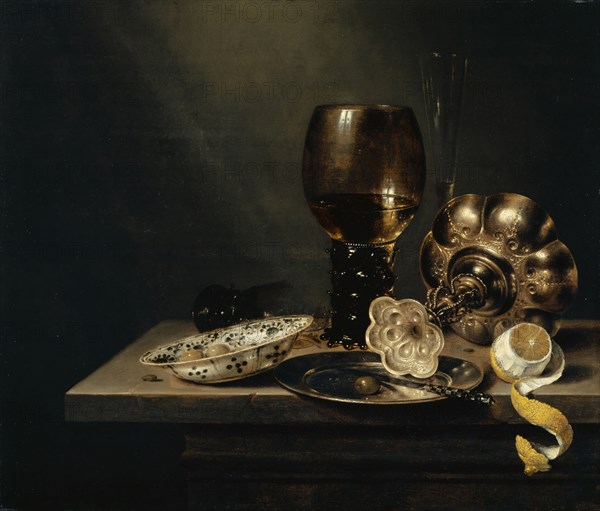 Still Life with Wan Li Plate, Romans and Foot Bowl, 1649, oil on oak, 57.1 x 67.7 cm, signed and dated on the left side of the table: .HEDA.1649., Willem Claesz. Heda, Haarlem um 1594–1680/82 Haarlem