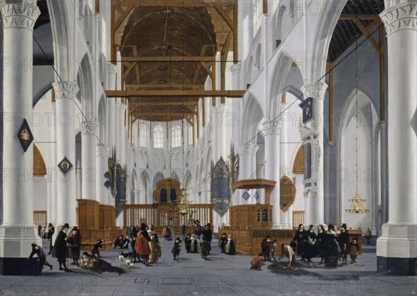 The interior of the Laurenskerk in Rotterdam, 1652, oil on oak, 87.5 x 122.9 cm, signed and dated lower right on the column base: D.D., Bliek, ., 1652, Daniel de Blieck, Middelburg um 1630–1673 Middelburg
