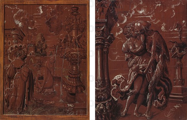 Bathsheba in the bath (front), The death as a soldier includes a young woman (back), 1517, mixed technique on fir wood, 38.2 x 29.2 cm, Signed on both sides lower right with the monogram NMD [ligated] and the dagger signet with bow, on the front between the two, dated 1517. Above the main figure on the front white inscription PERSABE., On the back black inscription KISN [?] On the column right., Niklaus Manuel gen. Deutsch, Bern um 1484–1530 Bern