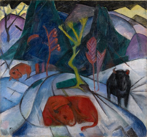 Bison in Winter (Red Bison), 1913, oil on canvas, 66.5 x 71.2 cm, signed lower left: M., Franz Marc, München 1880–1916 gefallen bei Verdun
