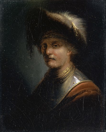 Study Head (Mann in Halsberge and Beret), half profile to the left, oil on canvas on panel, 14.8 x 11.9 cm, unsigned, Johann Georg Trautmann, Zweibrücken 1713–1769 Frankfurt a. M.