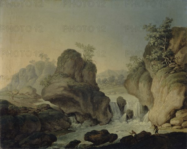 Landscape with waterfall and fishermen, oil on canvas, 28 x 35 cm, signed and dated on the back, bottom right with black ink: Nepo Wocher including a sign and unreadable writing, Johann Nepomuk Wocher