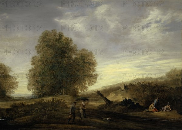 Landscape with staffage, oil on canvas, 57 x 74.5 cm, not specified, Niederländischer Meister, 17. Jh.