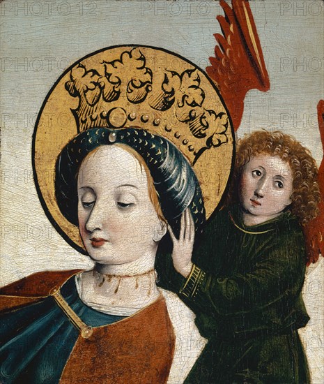 The corpse of St., Catherine is taken by angels to Mount Sinai, c. 1450, mixed media on wood, 22.5 x 19.2 cm, unsigned, Meister der Wasserburger Katharinenlegende, tätig um 1460