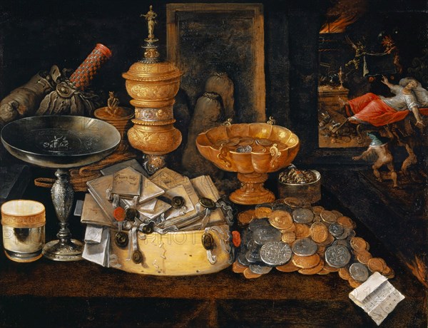Still life with riches and the death of the miser, around 1600, oil on oak wood, 51.5 x 61.5 cm on the left, slightly trimmed, top approx. 2.5 cm added, Hieronymus II. Francken, (zugeschrieben / attributed to), Antwerpen 1578 – 1623 Antwerpen