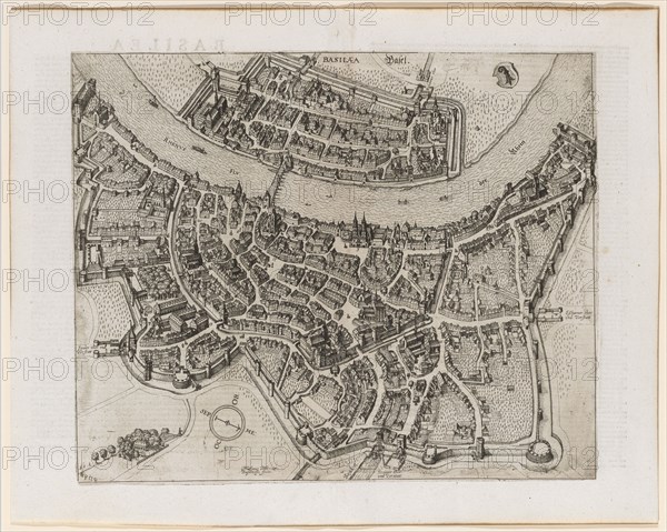 Small birdshow from Basel, from the southwest, drawing 1615, probably after 1620 etched in Holla, etching, sheet: 32.5 x 39.5 cm, marked O. M.: BASILÆA Basel ., u, ., l .: Mathæus Merian., Basiliensis fecit ., further inscriptions distributed over the sheet, On the reverse explanatory text in Latin, Matthäus Merian d. Ä., Basel 1593–1650 Bad Schwalbach