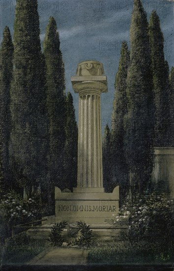 Tomb of Arnold Böcklin on the Cimitero Agli Allori, 1925, pencil, charcoal, colored chalks on greenish linoleum, 56 x 36.3 cm, monogrammed and dated lower right: 2 LS 5 [LS ligated], Sigmund Landsinger, Vukovar 1855–1939 Florenz