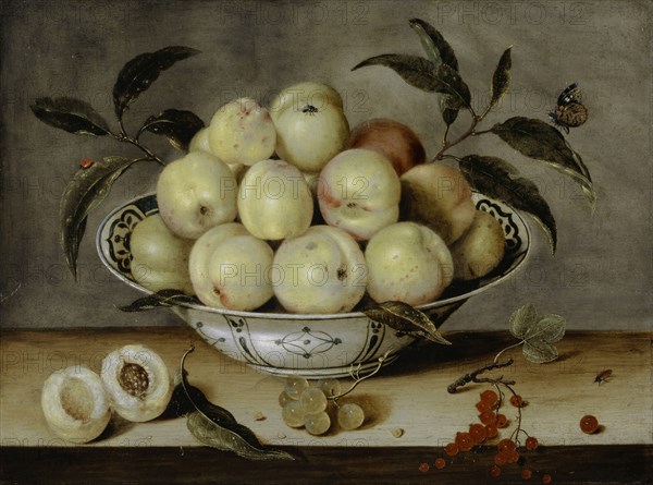 Still Life with Peaches in a Chinese Porcelain Bowl, 1638, oil on panel, 32.5 x 44 cm, signed and dated lower left corner of the table: I., Soreau., 1638., Isaak Soreau, Hanau 1604 – nach 1645