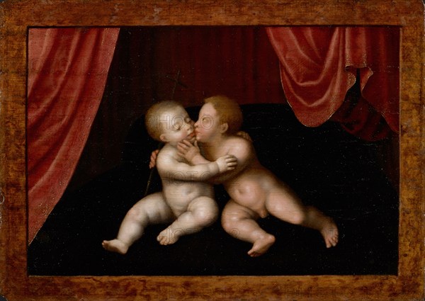 Christ and John the Baptist as Children, Hugging Each Other, 16th C., Oil on panel, 26.5 x 36.5 cm, Unsigned, Joos van Cleve (Joos van der Beke), (Nachfolger / follower), Cleve (?) um 1485–1540/41 Antwerpen