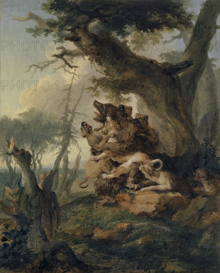 Bear, attacked by a pack of dogs, 1772, oil on canvas, 102 x 82 cm, unmarked, Caspar Wolf, Muri/Aargau 1735–1783 Heidelberg