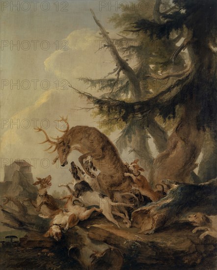 Deer, attacked by a pack of dogs, 1772, oil on canvas, 102 x 82 cm, signed and dated lower center of the tree trunk C. Wolf pinxit 1772, Caspar Wolf, Muri/Aargau 1735–1783 Heidelberg