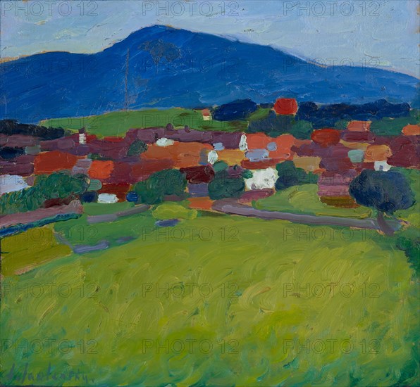 Village Murnau, 1908, oil on cardboard, 49 x 53.5 cm, signed and dated, l .: A. Jawlensky ., inscribed, signed and dated verso: o.l., in black: N.4., A. Jawlensky 1908, middle with pencil: Z 17 village, with red chalk: Murnau, u.l., with red chalk: 8 (slightly obscured by black velcro), o.r., with pencil: JO (obscured by a black velcro), Stiftung Im Obersteg, deposit in the Kunstmuseum Basel 2004, Alexej von Jawlensky, Torschok/Twer 1864–1941 Wiesbaden