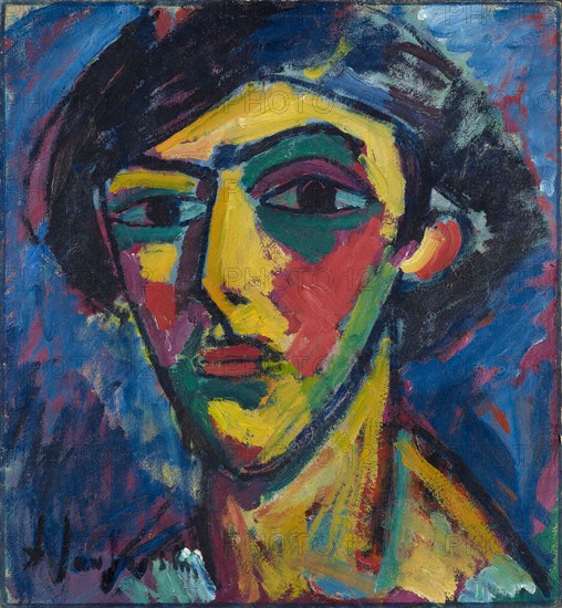 Juniors Head, 1911, oil on board, 53.5 x 49.5 cm, signed and dated, l .: A. Jawlensky, inscribed, signed and dated verso: N.41., A. Jawlensky 1911, Stiftung Im Obersteg, deposit in the Kunstmuseum Basel 2004, Alexej von Jawlensky, Torschok/Twer 1864–1941 Wiesbaden