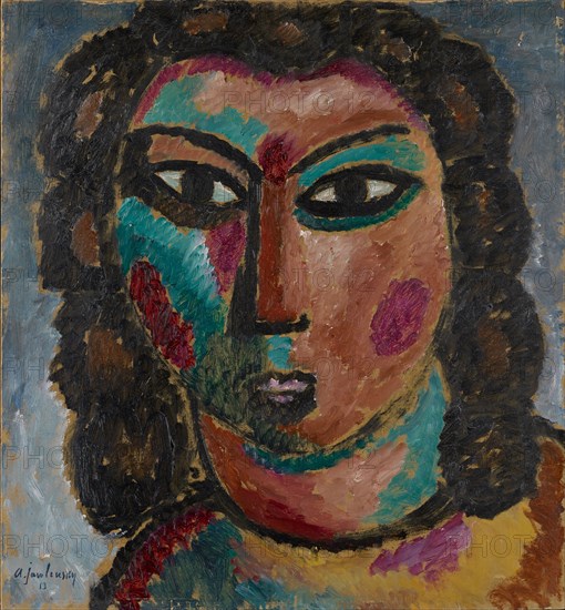 Brown Curls [verso: Portrait of Helene, c. 1913], 1913, oil on cardboard, 53.5 x 49.5 cm, signed and dated a., l .: A. Jawlensky 13, inscribed verso: o.r., with pencils: brown curls [..?] No. 19, (by someone else's hand): u., with red: belongs to Karl Im Obersteg, u.r., with red: KIO, u.r., with pencil: No.19, Stiftung Im Obersteg, deposit in the Kunstmuseum Basel 2004, Alexej von Jawlensky, Torschok/Twer 1864–1941 Wiesbaden