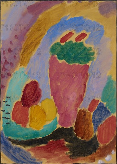 Still Life, 1915, oil and pencil on linen textured paper, mounted on cardboard, 51.5 x 36.5 cm, signed and dated a., l .: A. Jawlensky., 1915, Back top center: Etiquette: still life with pink pot N.2, right with pencil: 3, Stiftung Im Obersteg, deposit in the Kunstmuseum Basel 2004, Alexej von Jawlensky, Torschok/Twer 1864–1941 Wiesbaden