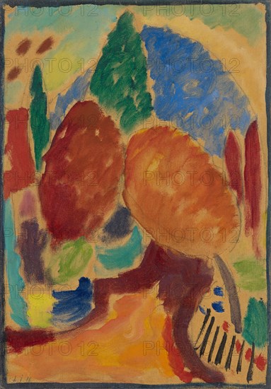 Variation: The Orange Path, 1916, oil and charcoal on linen textured cardboard, 37.5 x 26 cm, signed and dated u., l .: A.J. 16, signed, dated and inscribed: A. Jawlensky., 1916. N. 60, from a foreign source: Small Variation No. 60 St. Prex 1916 The Orange Road Oil a., Painting paper 37.5 x 26.2 a.m.u.n.d., Stiftung Im Obersteg, deposit in the Kunstmuseum Basel 2004, Alexej von Jawlensky, Torschok/Twer 1864–1941 Wiesbaden