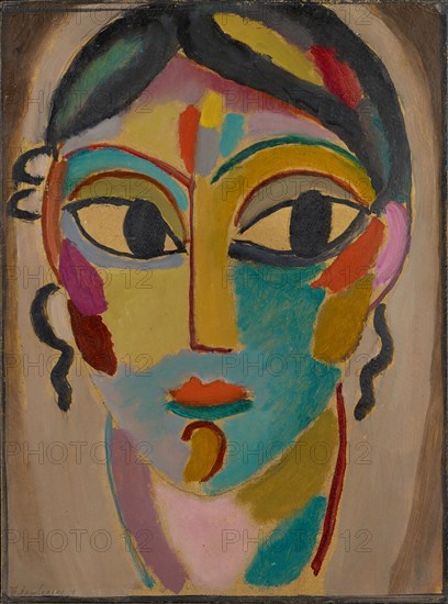 Mystical head: Girl's head (frontal) [verso: Sketch of a woman's head], 1918, oil and pencil on paper-coated cardboard, 40 x 30 cm, signed and dated u., l .: A. Jawlensky 18, verso: Etiquette (by someone else's hand): Asconeser Gr I B 9 [B, Stiftung Im Obersteg, deposit in the Kunstmuseum Basel 2004, Alexej von Jawlensky, Torschok/Twer 1864–1941 Wiesbaden