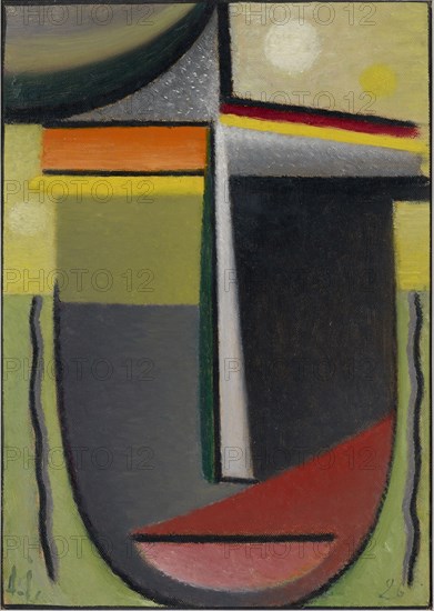 Abstract Head: Green Gold Looking Green, 1926, oil on linen textured cardboard, 34.5 x 24.5 cm, Signed &amp; Painted., l .: A. J ., dated u., r .: 26, inscribed and signed verso: ii Inner Looking, A. Jawlensky, Green Gold, 1925, Dear friends!, This work seems to me better than the one hanging next to Klee., A Christmas greeting., A. Jawlensky., N. 118th, Stiftung Im Obersteg, deposit at the Kunstmuseum Basel 2004, Alexej von Jawlensky, Torschok/Twer 1864–1941 Wiesbaden