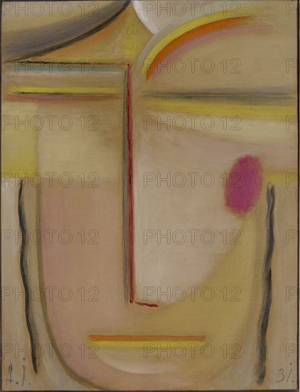 Abstract Head: Gold and Pink, 1931, Oil On Linen Textured Cardboard, 42.5 x 32.5 cm, Signed &amp; Painted., l .: A. J ., dated u., r .: 31 ., signed, dated and inscribed on the reverse: A. Jawlensky 1931. Gold., and pink., N. 39./ center with red: Gellert 45 X, o.r., with pencil: 61, o.l .: Customs stamp 30, Stiftung Im Obersteg, deposit in the Kunstmuseum Basel 2004, Alexej von Jawlensky, Torschok/Twer 1864–1941 Wiesbaden