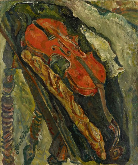 Nature morte au violon, pain et poisson, around 1922, oil on canvas, 65 x 54 cm, signed and dated, l .: Soutine, Stiftung Im Obersteg, deposit in the Kunstmuseum Basel 2004, Chaïm Soutine, Smilowitschi bei Minsk 1893–1943 Paris