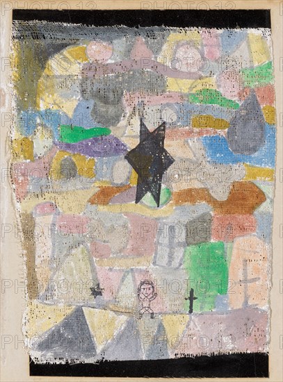 Under black star, 1918, 116, watercolor on plaster base on gauze, top and bottom paper strips attached, on cardboard, 20.5 x 15.5 cm |, 20.9, 19.8 x 14.9 cm, 15.8 cm, inscribed on cardboard lower left: Under black star 1918 116, Paul Klee, Münchenbuchsee/Bern 1879–1940 Muralto b. Locarno/Tessin