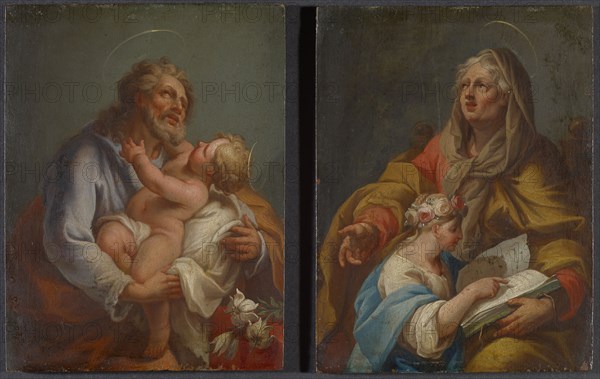 The hl., Joseph with the child (left), The hl., Anna teaches Maria Read (right), oil on panel, each 18 x 14 cm without frame, not marked, Italienischer Meister, 17. Jh., (?)