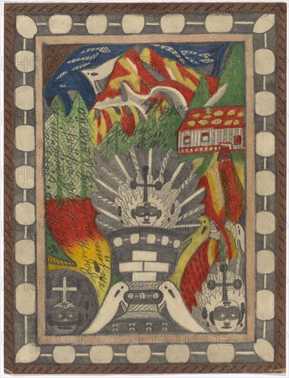 Tiger = Zohrn = Giant = Glacier, = Hochalp = Stok, in Northwest = India, 1917, pencil and colored pencil, leaf: 28.9 x 22 cm, recto [top center] Tiger =, Zohrn =, south., [left] O :: we {n} 's Hia nida nüt me, z'fräßa git, it is, de in hi {m}' l oba no, öppis., Kukuk Verso 4. The front-sided image is Top, 245 hours, Tiger = Zohrn =, Giant = Glacier, = Hochalp = Stok, = Northwest = India., Dersel =, be shows on its bottom, in the whole ring around, 64 circa, year, slightly larger glacier, than the Bernese maiden, on holding, rock face =, high plateau = ring, the tiger =, Zohrn = south, with the same name = Senner = Alp., Uf'm Bäch'rli, is D's Mariili, and right Untten, D's, Skt. Adolfina, from the tiger = Zohrn, =, Skt. Adolf = Ring: Giant = Tratt., Skt. Adolfina: Yes naai: This is a kai Ma {n}: Wa {n} Aina na kai Woman bi Sich had., Adolf Wölfli, Bowil/Bern 1864–1930 Bern