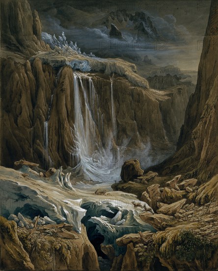 Waterfall in the high mountains, between two glacier masses, 1829, pencil, quill, watercolor and opaque white, sheet: 53.7 x 43.5 cm, U. r., Signed and dated by pen .: BIRMANN., 1829, Samuel Birmann, Basel 1793–1847 Basel