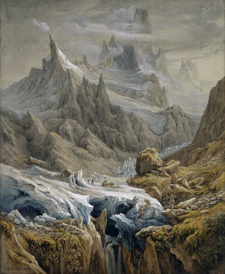 Mountain landscape with Zäsenberg and Schreckhorn, 1829, pencil, quill, watercolor and cover color on light gray primed paper, laminated, folio: 59.4 x 48.7 cm, unmarked, Samuel Birmann, Basel 1793–1847 Basel
