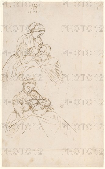 Studies of a mother breastfeeding her child, 1558, pen in brown, page: 32.3 x 19.7 cm /20.2 cm, O. M. l., monogrammed and dated: HK [lig.], 1558, Hans Hug Kluber, Basel 1535/36–1578 Basel