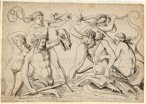 Battle of the Sea Gods, c. 1510, feather in dark brown, Leaf: 23, 22.4 x 32.2 cm, Unmarked, Urs Graf, Solothurn um 1485 – 1527/28, Andrea Mantegna, (nach / after), Isola Mantegna (ehem. Isola di Carturo) 1431–1506 Mantua