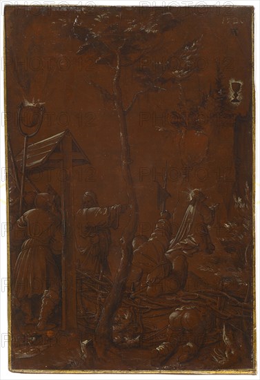 Christ on the Mount of Olives, 1520, pen in black, washed, heightened with white, on reddish brown primed paper, mounted on wood, folia: 30.6 x 21.1 cm, O. r., dated with brush in white: 1520, Hans Leu d. J., Zürich um 1490–1531 in der Schlacht am Gubel