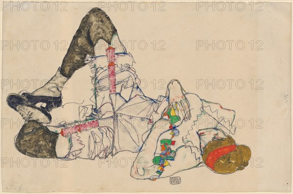 Woman lying on her back, 1914, pencil and gouache, verso: pencil, sheet: 31.8 x 48.2 cm (largest mass), U. M. signed and dated in pencil: EGON, SCHIELE, 1914 [framed in pencil], Egon Schiele, Tulln an der Donau/Niederösterreich 1890–1918 Wien