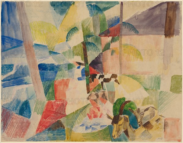 Landscape with children and goats, 1913, watercolor, gouache and chalk on detail paper, sheet: 31.4 x 40.2 cm, U. r., dated in pencil: 1913, August Macke, Meschede/Nordrhein-Westfalen 1887–1914 gefallen bei Perthes-les-Hurlus/Champagne