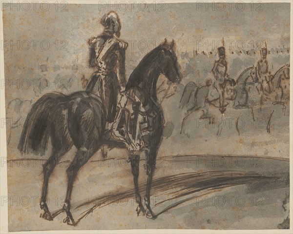 Napoleon III., during the parade of the cavalry, feather, washed, sheet: 13.6 x 16.9 cm, unsigned, Constantin Guys, Vlissingen 1802–1892 Paris