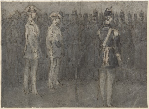 Napoleon III., at the infantry parade, feather in black, washed, sheet: 14.4 x 20 cm, unmarked, Constantin Guys, Vlissingen 1802–1892 Paris