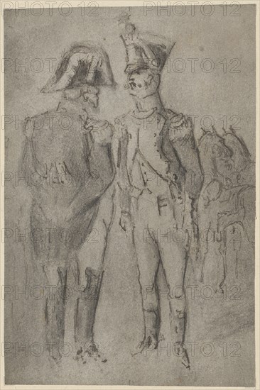 Two old officers in conversation, pencil and quill, washed, sheet: 18 x 12 cm, unsigned, Constantin Guys, Vlissingen 1802–1892 Paris