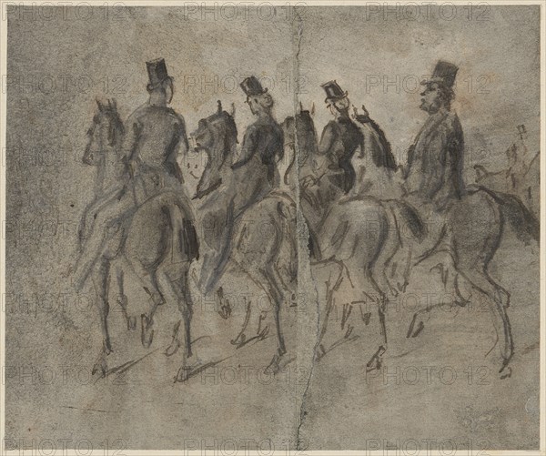 Four company on horseback, pencil, pen in black and brown, washed in gray and wiped, sheet: 13.9 x 16.6 cm, unmarked, Constantin Guys, Vlissingen 1802–1892 Paris