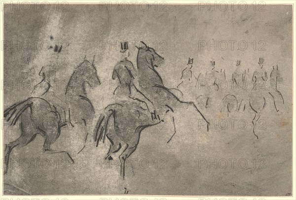 Riding group of riders, feather in black, washed in gray and wiped, sheet: 11.6 x 17.4 cm, unsigned, Constantin Guys, Vlissingen 1802–1892 Paris